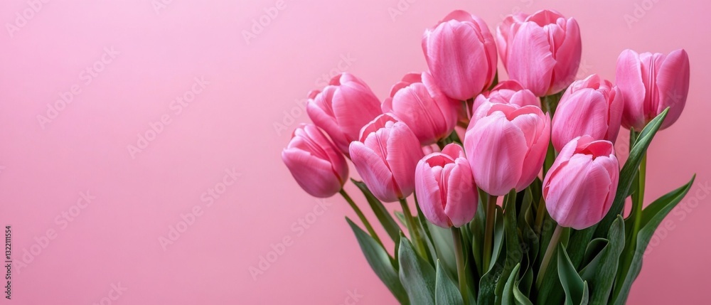 Obraz premium Bunch of Vibrant Pink Tulips with Green Leaves on a Pink Background Concept of Spring, Mothers Day, and Floral Beauty