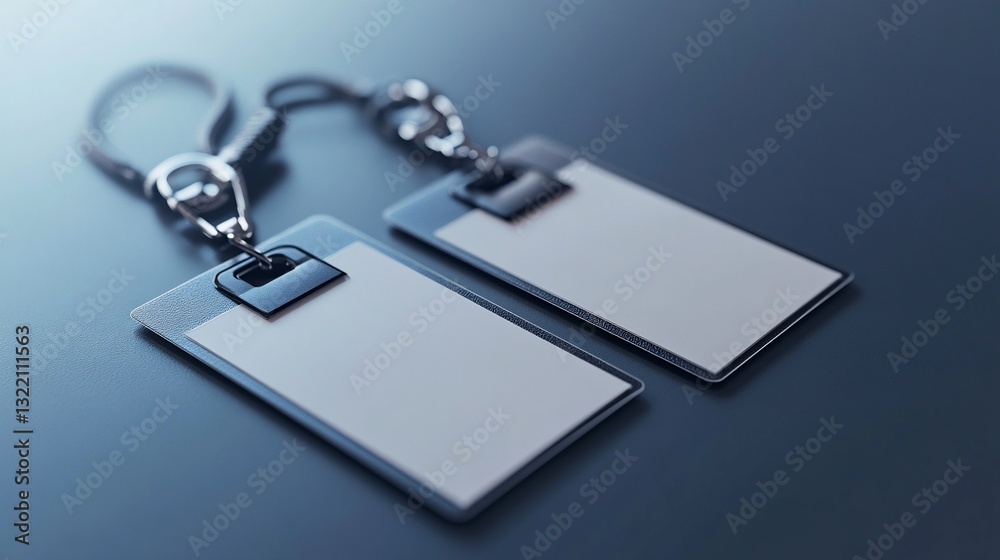 Two blank ID badges with lanyards on dark surface Two blank ID badges with lanyards on dark surface