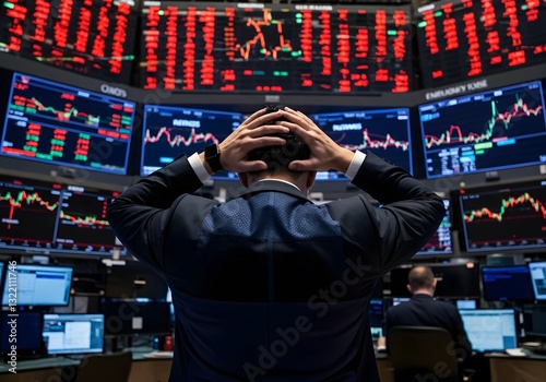 Man Showing Stress Amid Stock Market Crash, Chaotic and Dramatic Scene photo
