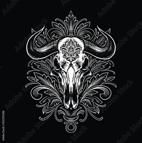 Detailed illustration of a buffalo skull with ornate floral elements on black background.