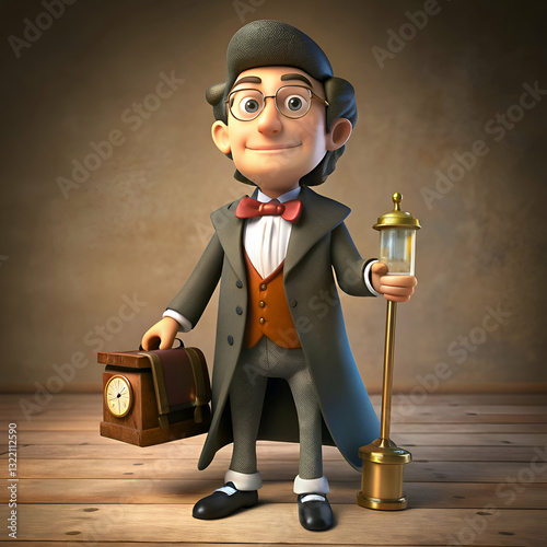 A Cartoon Gentleman Holding a Lantern and a Briefcase.