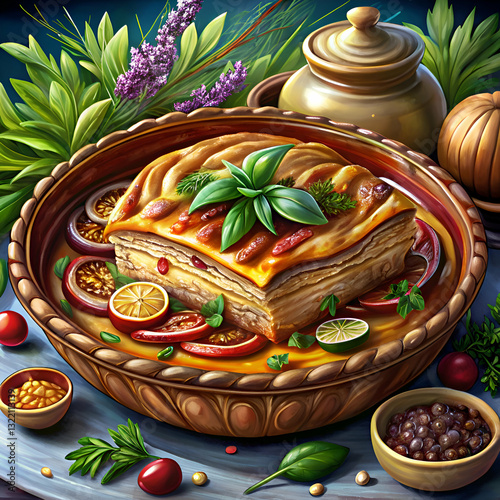 A golden-brown pastry with fresh herbs and fruit slices.