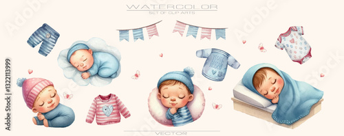 Soft Watercolor Baby Illustrations – Gender Reveal, Plush Teddy, Delicate Baby Clothes, Pastel Nursery Theme