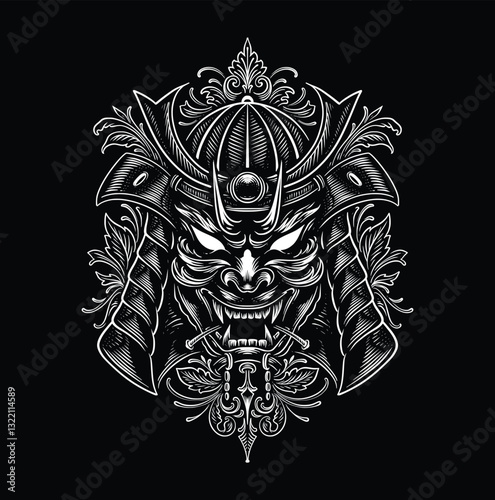 Detailed illustration of a buffalo skull with ornate floral elements on black background.