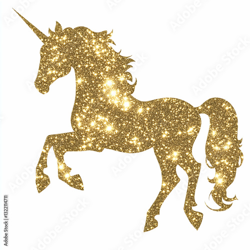 Sparkling golden unicorn prancing gracefully against a white backdrop in an enchanting fantasy setting Generative AI