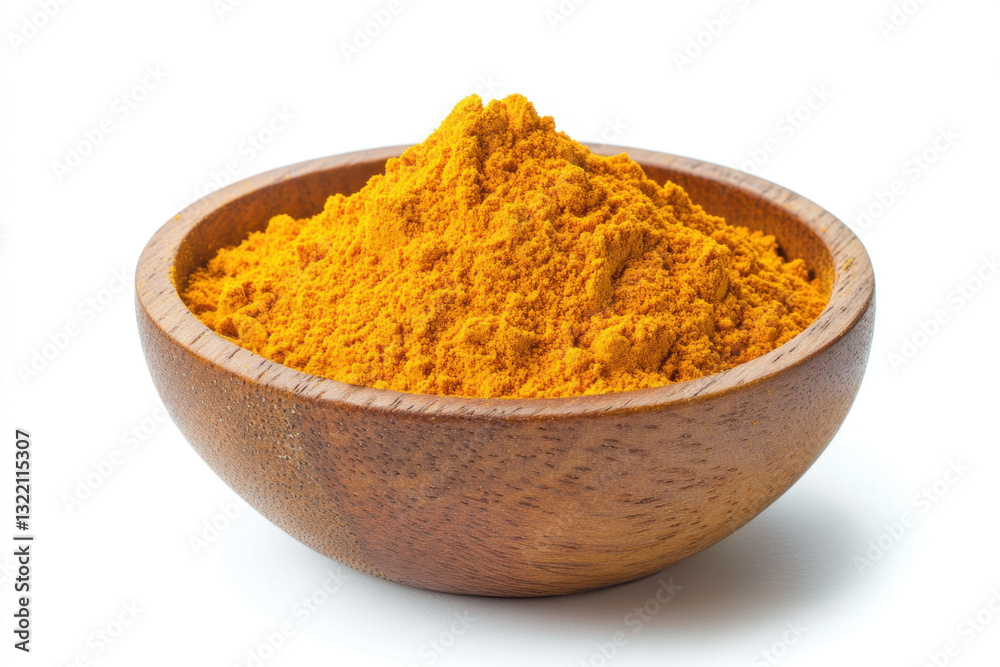 Powdered turmeric in a wooden bowl on a white background, highlighting vibrant yellow color and fine texture Powdered turmeric in a wooden bowl on a white background, highlighting vibrant yellow color and fine texture