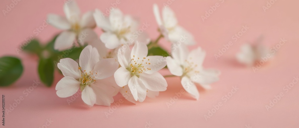 Delicate white Jasmine flowers with green leaves on a soft pink background Concept of spring, beauty, and floral elegance Delicate white Jasmine flowers with green leaves on a soft pink background Concept of spring, beauty, and floral elegance