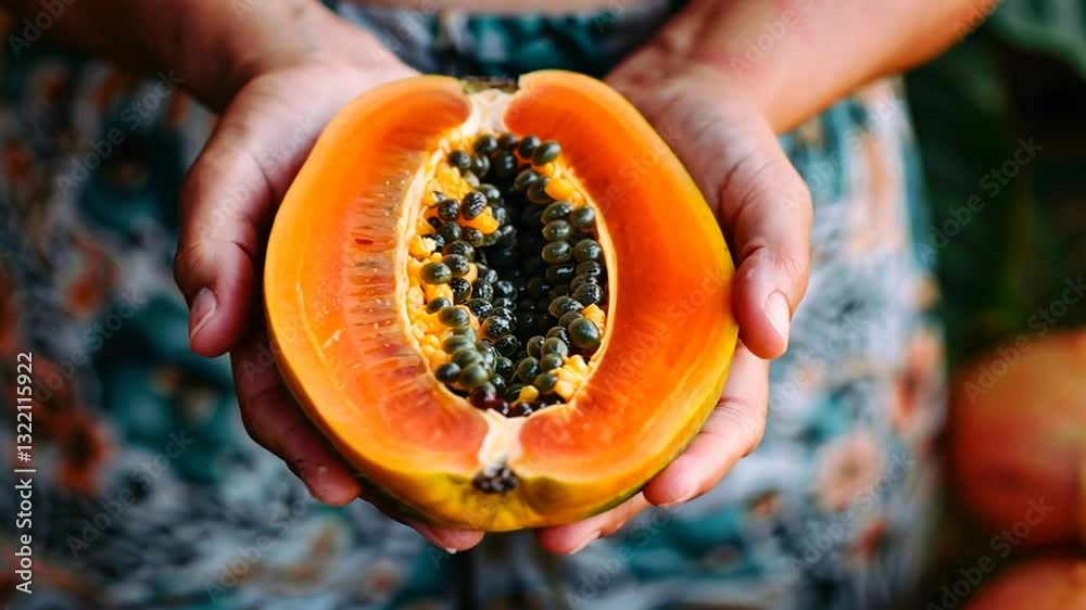 Geöffnete Papaya mit schwarzen Kernen in der Hand gehalten