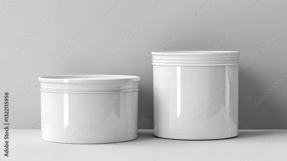 Two white jars sit against a gray wall. One is larger, the other is smaller