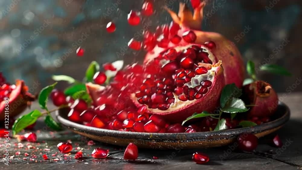 Aufgeschnittener Granatapfel mit herausfallenden Kernen