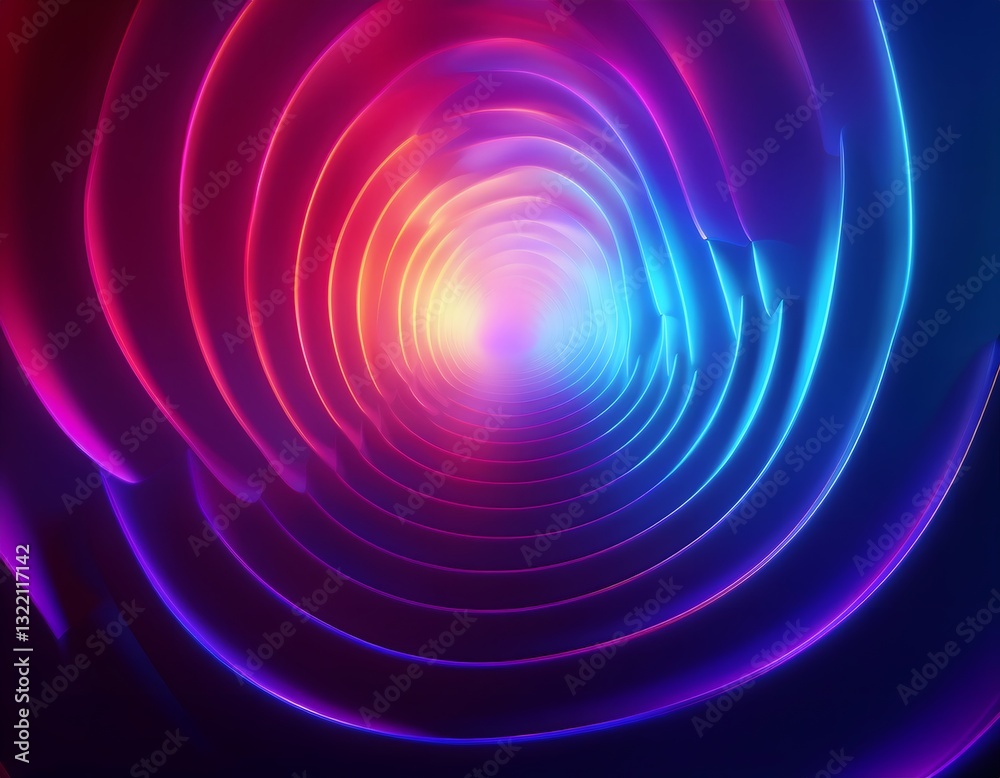 Glowing neon tunnel rotating and creating colorful light trails