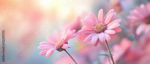 Dreamy closeup of two pink daisy flowers with soft pastel background in the morning light Concept of spring, beauty, and floral elegance