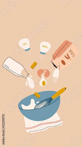 Illustration of baking. The cooking ingredients fall into a bowl