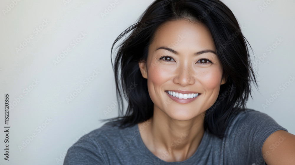 Joyful Asian woman smiling brightly in casual outfit Joyful Asian woman smiling brightly in casual outfit