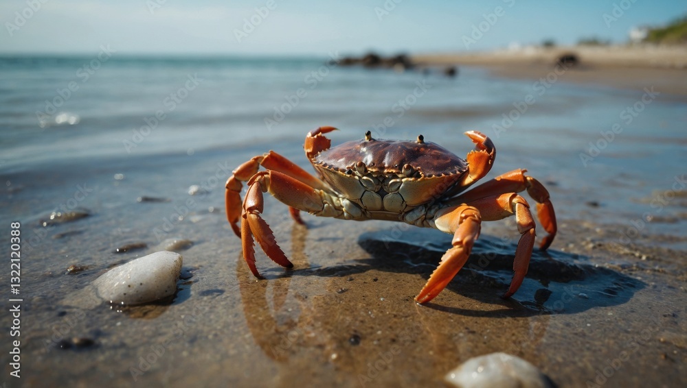 Crab exploring a tide pool with a variety of colorful marine life and seaweed around it Crab exploring a tide pool with a variety of colorful marine life and seaweed around it