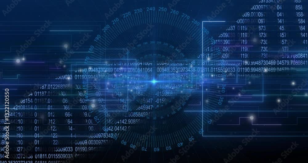 Animation of digital data and numbers forming network on blue futuristic background