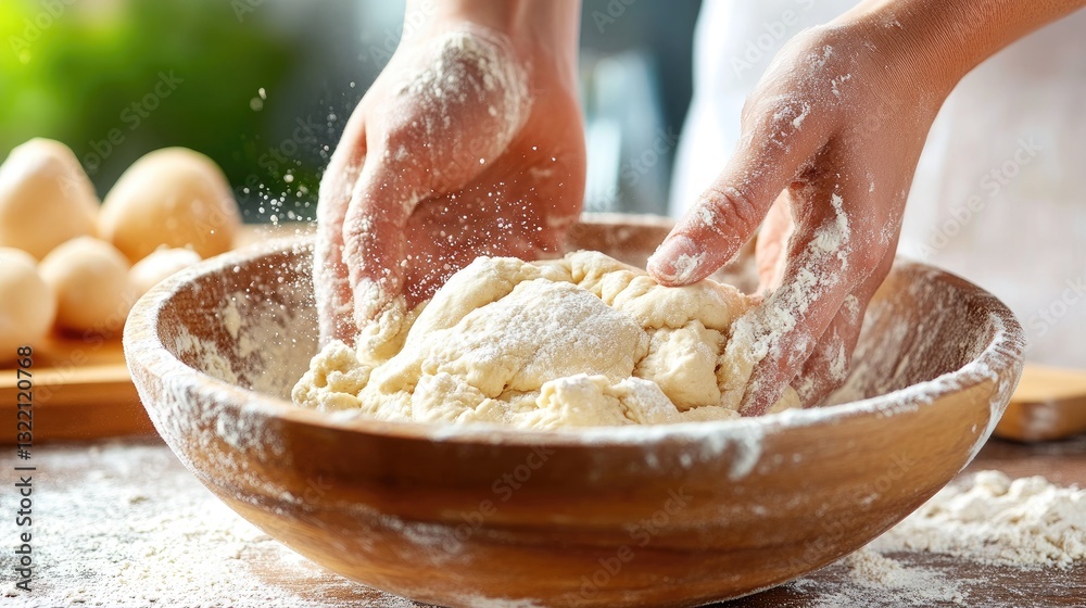 Fototapeta premium A person kneading dough in a wooden bowl, surrounded by flour and fresh ingredients.