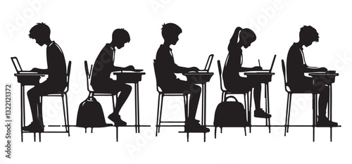 Students Silhouette Vector Studying with Laptops in Classroom Setting