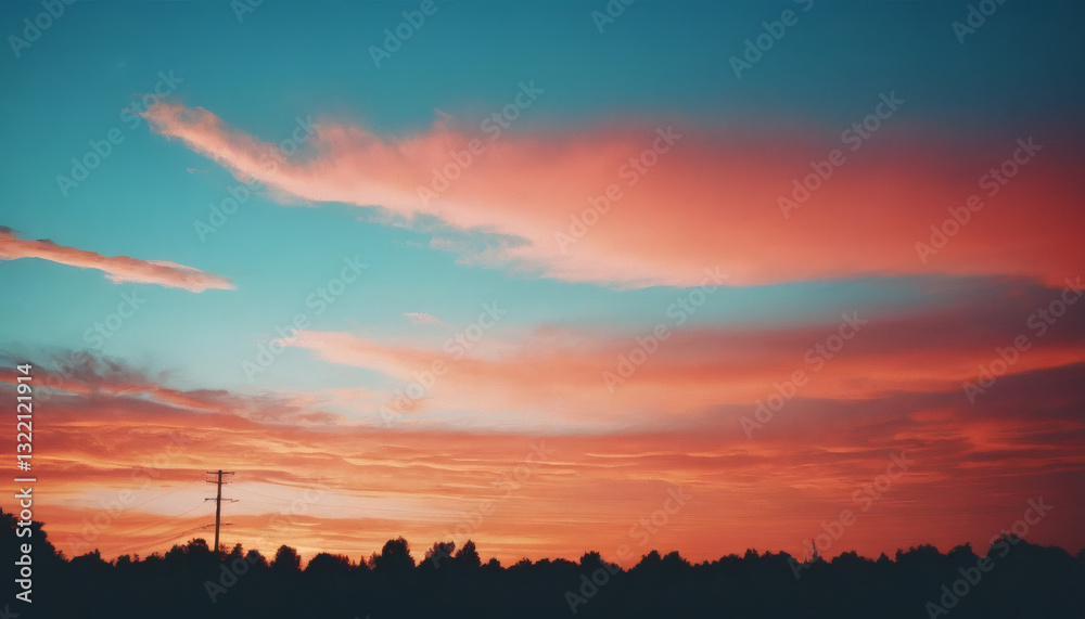 Fototapeta premium Distorted Film Grain Gradient with Summer Sky Blues and Fiery Sunset Reds, Evoking a Vintage Feel