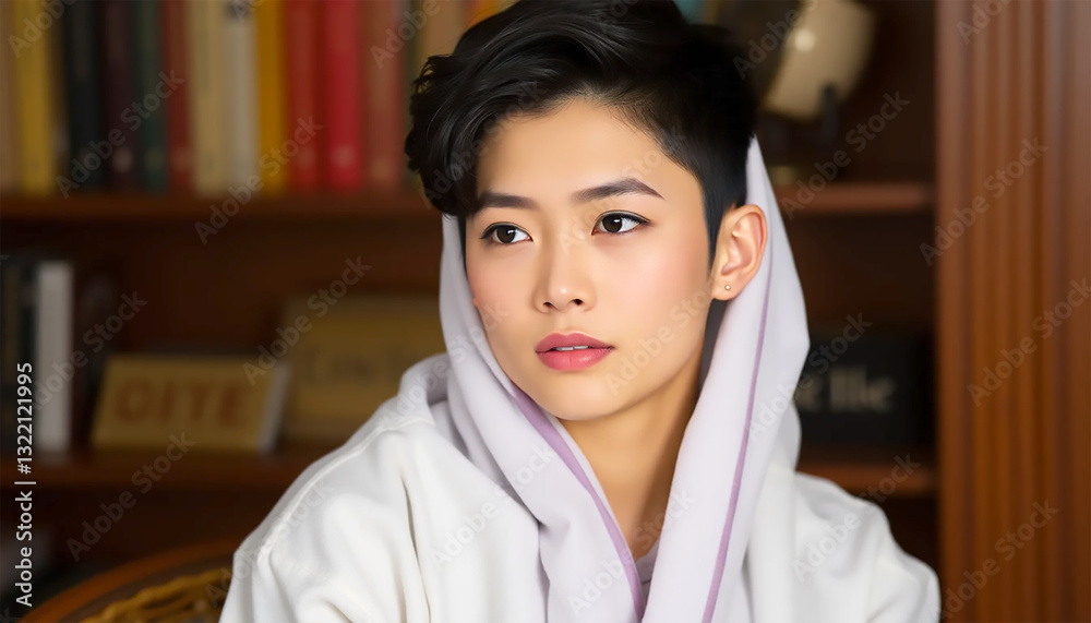 A Pensive Young Woman With A Short, Stylish Haircut Gazes Thoughtfully, Wrapped In A Soft, Light Hooded Robe Against A Blurred Backdrop Of Bookshelves, Bathed In Warm, Subtle Light A Pensive Young Woman With A Short, Stylish Haircut Gazes Thoughtfully, Wrapped In A Soft, Light Hooded Robe Against A Blurred Backdrop Of Bookshelves, Bathed In Warm, Subtle Light