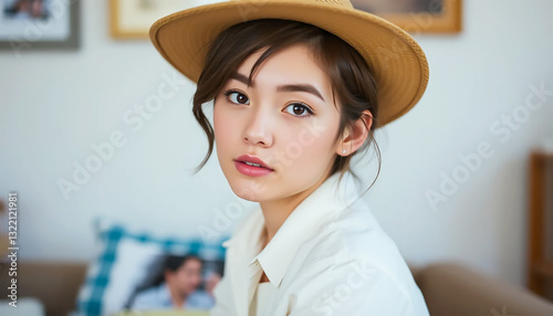 A Pensive Young Woman In A Stylish Straw Hat, Gazing Thoughtfully Into The Camera, Soft Light Illuminating Her Delicate Features In A Serene Home Setting