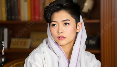 A Pensive Young Woman With A Short, Stylish Haircut Gazes Thoughtfully, Wrapped In A Soft, Light Hooded Robe Against A Blurred Backdrop Of Bookshelves, Bathed In Warm, Subtle Light
