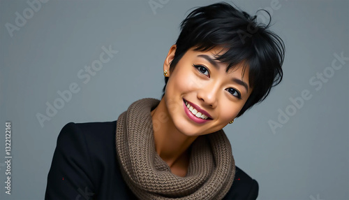 A Radiant Young Woman With A Pixie Haircut Smiles Warmly, Wearing A Cozy Brown Scarf Against A Muted Gray Backdrop