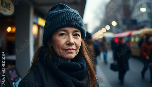 A Serene Woman, Bundled In A Warm Hat And Scarf, Finds Quiet Strength Amidst The Bustling City Streets At Dusk, Bathed In Soft, Golden Light
