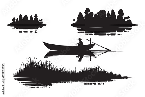 Scenic Lake Silhouette with Boat and Islands Illustration for Serene Designs