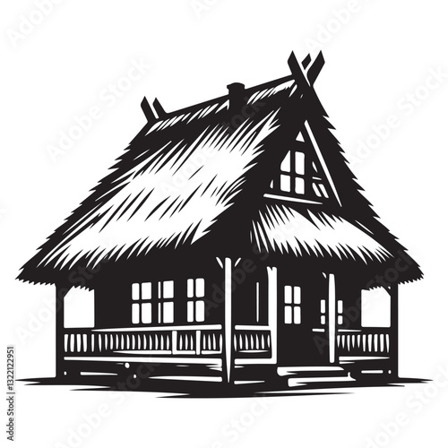 Traditional Thatched Roof Cottage Illustration Simple Black and White Vector