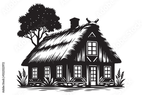 Quaint Thatched Cottage Silhouette With Tree Black and White Vector Design