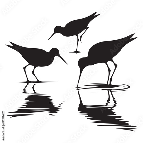 Silhouette Shorebirds Foraging in Water Vector Illustration for Nature Designs