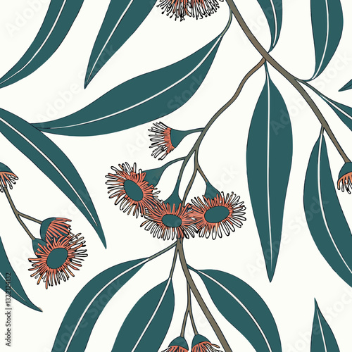 Floral Seamless Pattern - Teal Eucalyptus Plant Twigs and Curled Branches
