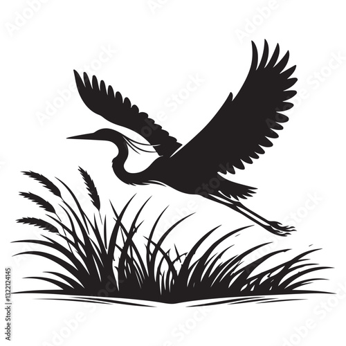 Silhouette Great Blue Heron Flying Over Marsh Grass Illustration Design