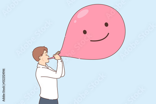 Business man inflates emotional bubble trying to get rid of bad thoughts and improve own mood