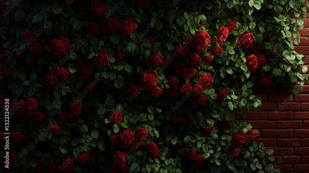 Red roses climbing brick wall, vibrant garden scene, ideal for backgrounds, wallpapers Red roses climbing brick wall, vibrant garden scene, ideal for backgrounds, wallpapers