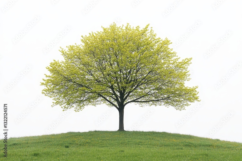 Naklejka premium Lush Green Tree on Hilltop Against a Clear White Sky Background