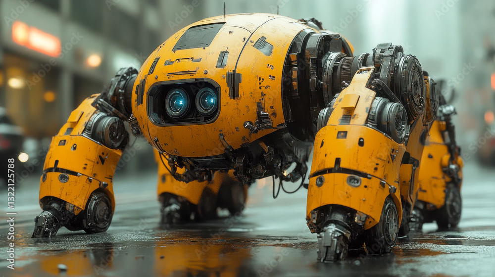 Fototapeta premium A yellow quadrupedal robot with mechanical details walking on a wet city street, resembling advanced AI-driven robotics