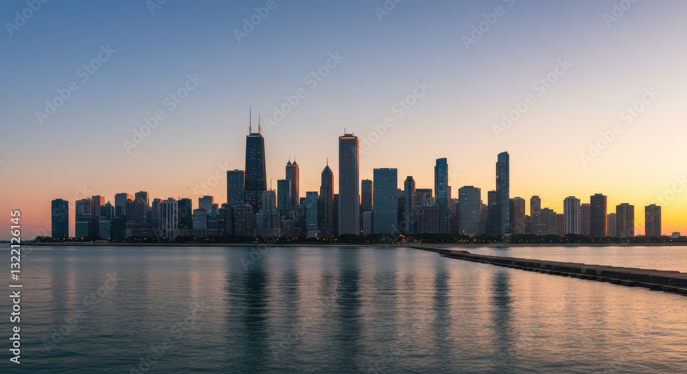Chicago Skyline at Dusk: A Breathtaking View of Cityscape, Lake Michigan, and Twilight Hues Chicago Skyline at Dusk: A Breathtaking View of Cityscape, Lake Michigan, and Twilight Hues