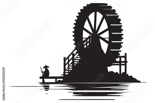 Rustic water wheel illustration riverside mill and serene worker design