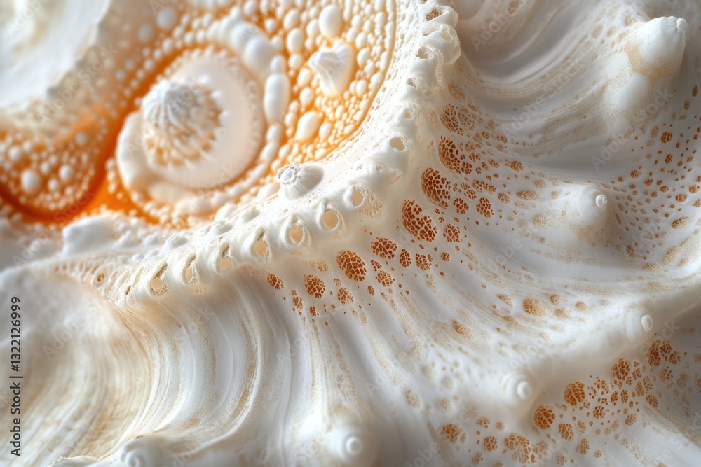 This closeup photo showcases a detailed view of a white and orange object highlighting its intricate features Detailed image of the texture on a seashell. This closeup photo showcases a detailed view of a white and orange object highlighting its intricate features Detailed image of the texture on a seashell.