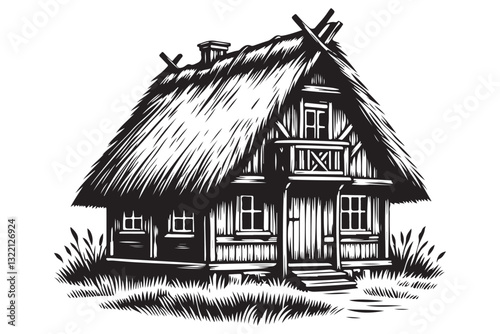 Rustic Thatched Cottage Illustration a Charming Countryside Home Vector Design