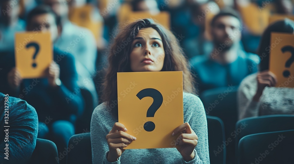 Fototapeta premium a woman holding a yellow question mark sign with a crowd in the background.