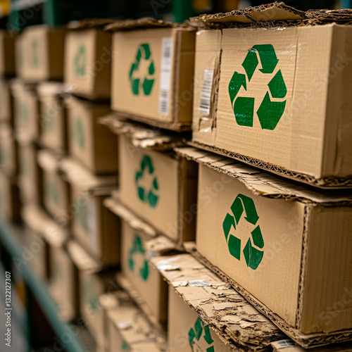 Thoughtfully designed eco-friendly packaging with green recycling symbols stacked in an organized warehouse space showcasing commitment to sustainability and responsible sourcing of materials