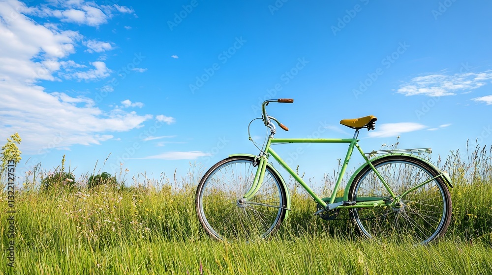 A bicycle stands in tall grass under a bright blue sky, a symbol of a summer walk A bicycle stands in tall grass under a bright blue sky, a symbol of a summer walk