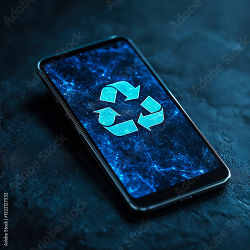 Innovative smartphone showcasing eco-friendly technology highlighted with a recycling symbol on its vibrant blue screen in a modern urban setting
