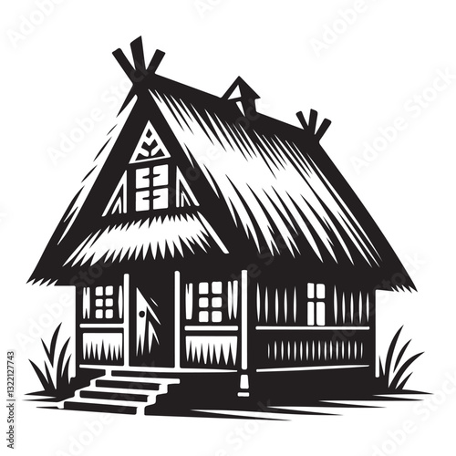 Charming Thatched Roof Cottage Silhouette Illustration in Rustic Style