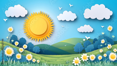 Paper sun and clouds. Summer sunny day, blue sky with white cloud. Nature cloudy scene in paper cut style. Good weather wallpaper vector art. Sun and cloudscape, cloud origami illustration
