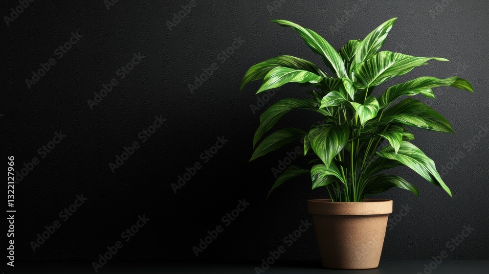 Obraz premium A large green houseplant in a very nice pot on black background. Space for text.