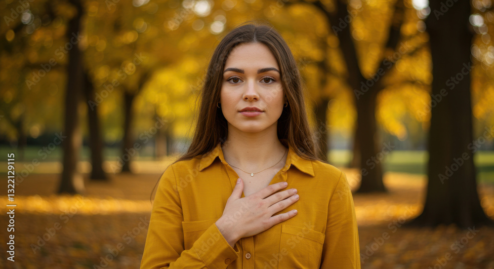 Autumnal Allegiance: Woman Pledging With Hand on Heart in Golden Foliage, Loyalty & Serenity Autumnal Allegiance: Woman Pledging With Hand on Heart in Golden Foliage, Loyalty & Serenity